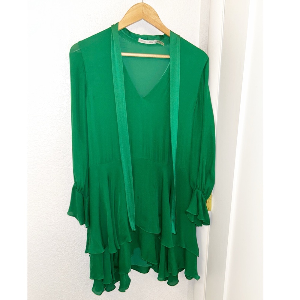 ALICE + OLIVIA Moran Silk Long sleeve ruffled mini dress w/ optional Bow SZ: S